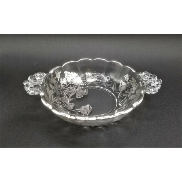 Sterling Silver Floral Overlay Glass Candy Dish Scalloped 2 Reticulated Handles - Picture 1 of 10